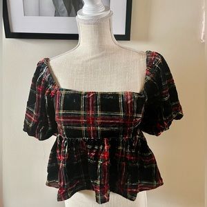 Plaid Tartan Velvet Peplum Top from Francesca’s